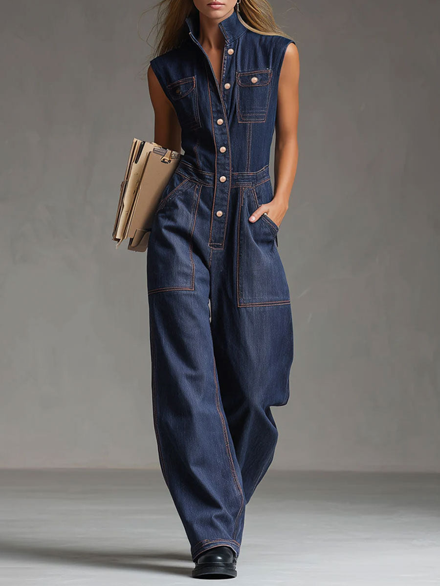 Dark blue denim sleeveless balloon jumpsuit with multiple pockets for women, featuring a relaxed fit and stylish design.
