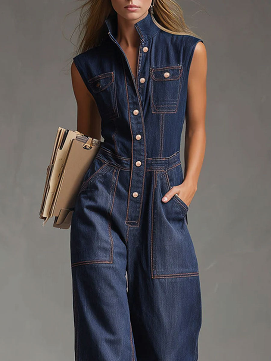 Dark blue denim sleeveless balloon jumpsuit with multiple pockets and wide-leg pants for women by Christine Brewer.