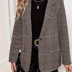 Gabriella women's plaid long sleeve casual blazer by Christine Brewer, featuring a tailored fit and classic plaid pattern.