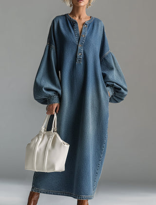 Blue denim maxi dress by Christine Brewer featuring a flowing evening dress design with long sleeves and a relaxed fit.