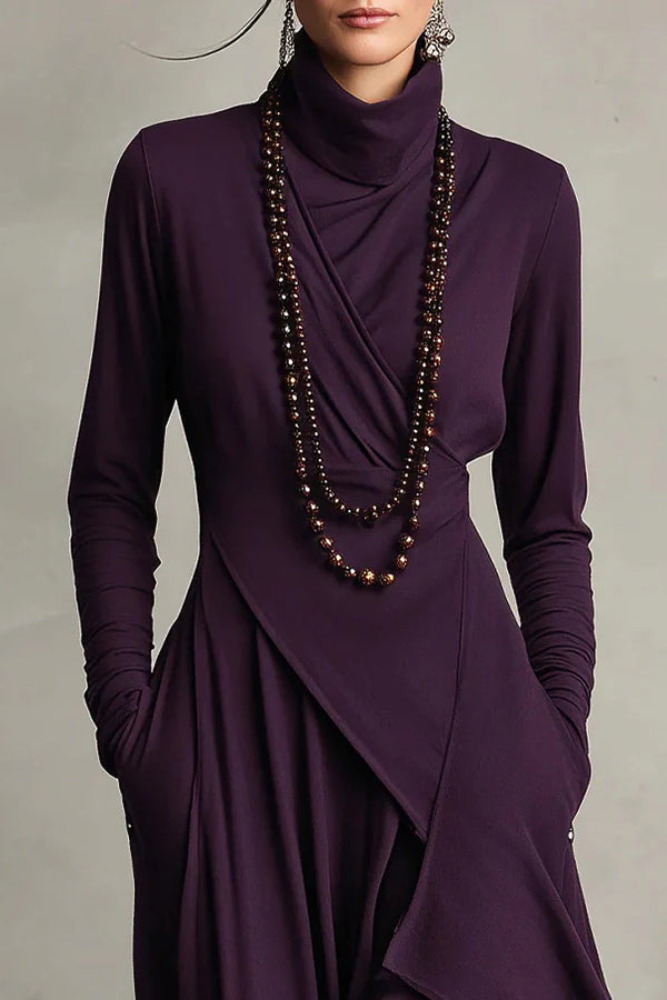 Solid color high-neck long-sleeve irregular casual maxi dress by Christine Brewer, shown on a model with flowing fabric.