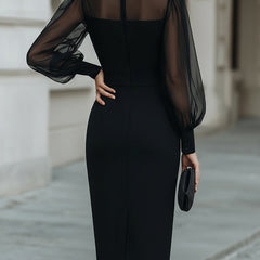Christine Brewer high-neck sheer-sleeve pencil midi cocktail dress for women, elegant and fitted with sheer sleeve details.