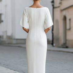 Christine Brewer women's boat-neck short-sleeve midi dress displayed on a hanger, showcasing a stylish and comfortable casual dress.