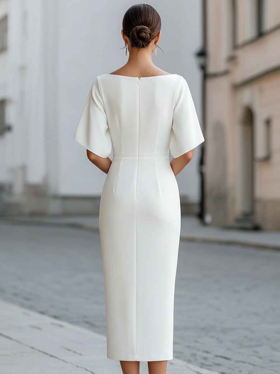 Christine Brewer women's boat-neck short-sleeve midi dress displayed on a hanger, showcasing a stylish and comfortable casual dress.