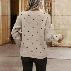 Shelby polka dot sweater for women by Christine Brewer, featuring a cozy knit design with white dots on a dark background.
