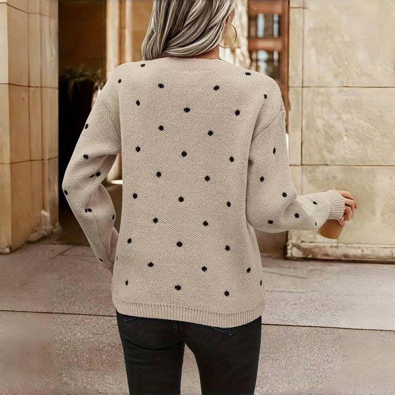 Shelby polka dot sweater for women by Christine Brewer, featuring a cozy knit design with white dots on a dark background.