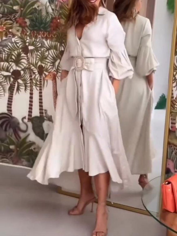 White high-low puff sleeve pleated maxi dress with lapel collar by Christine Brewer, featuring solid color and elegant design.