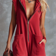 Raspberry red cotton hooded zip-front jumpsuit for women by Christine Brewer, showing the full front view with hood and zipper details.