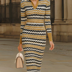 Christine Brewer retro chevron print knit midi dress with polo collar, perfect for summer business wear, shown in the image.