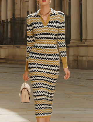 Christine Brewer retro chevron print knit midi dress with polo collar, perfect for summer business wear, shown in the image.