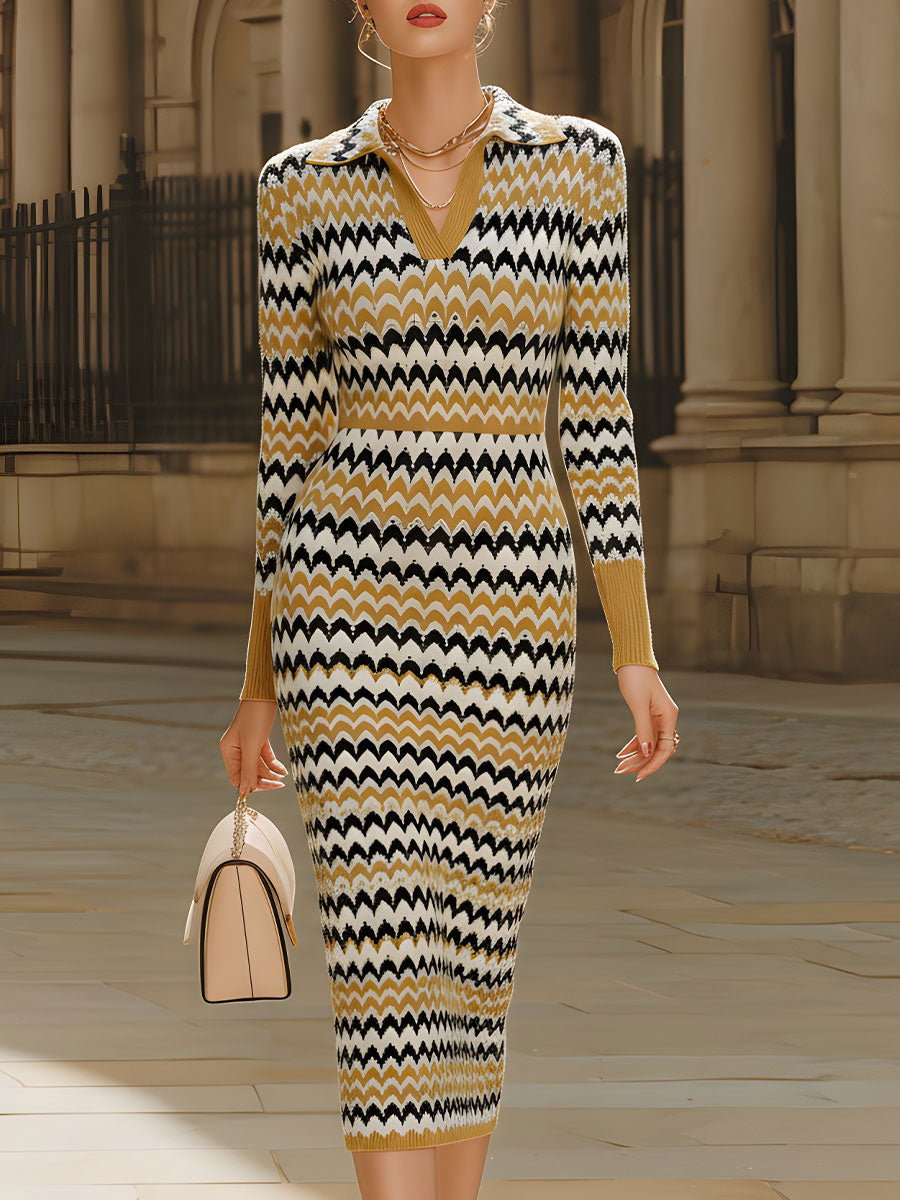 Christine Brewer retro chevron print knit midi dress with polo collar, perfect for summer business wear, shown in the image.