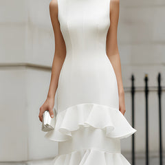 Sleeveless tiered ruffle midi dress by Christine Brewer, featuring layered fabric and a flowing silhouette.