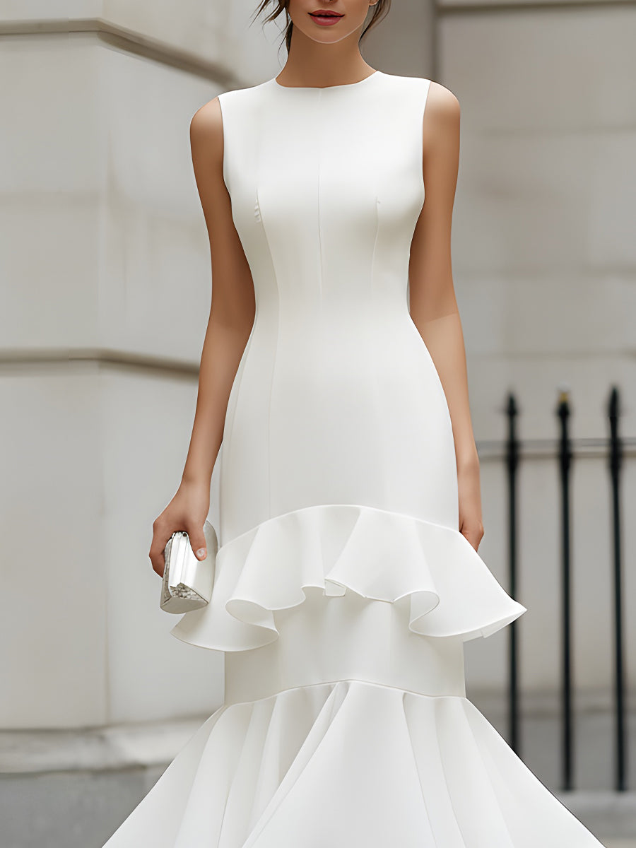 Sleeveless tiered ruffle midi dress by Christine Brewer, featuring layered fabric and a flowing silhouette.