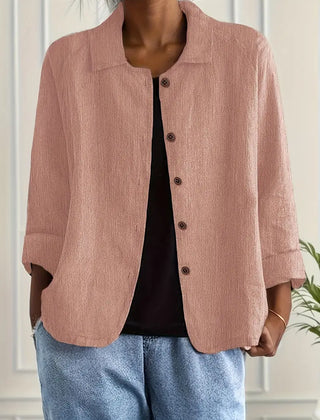 Women’s lightweight button-front jacket by Christine Brewer, Ella casual jacket in soft fabric, shown in natural outdoor setting.
