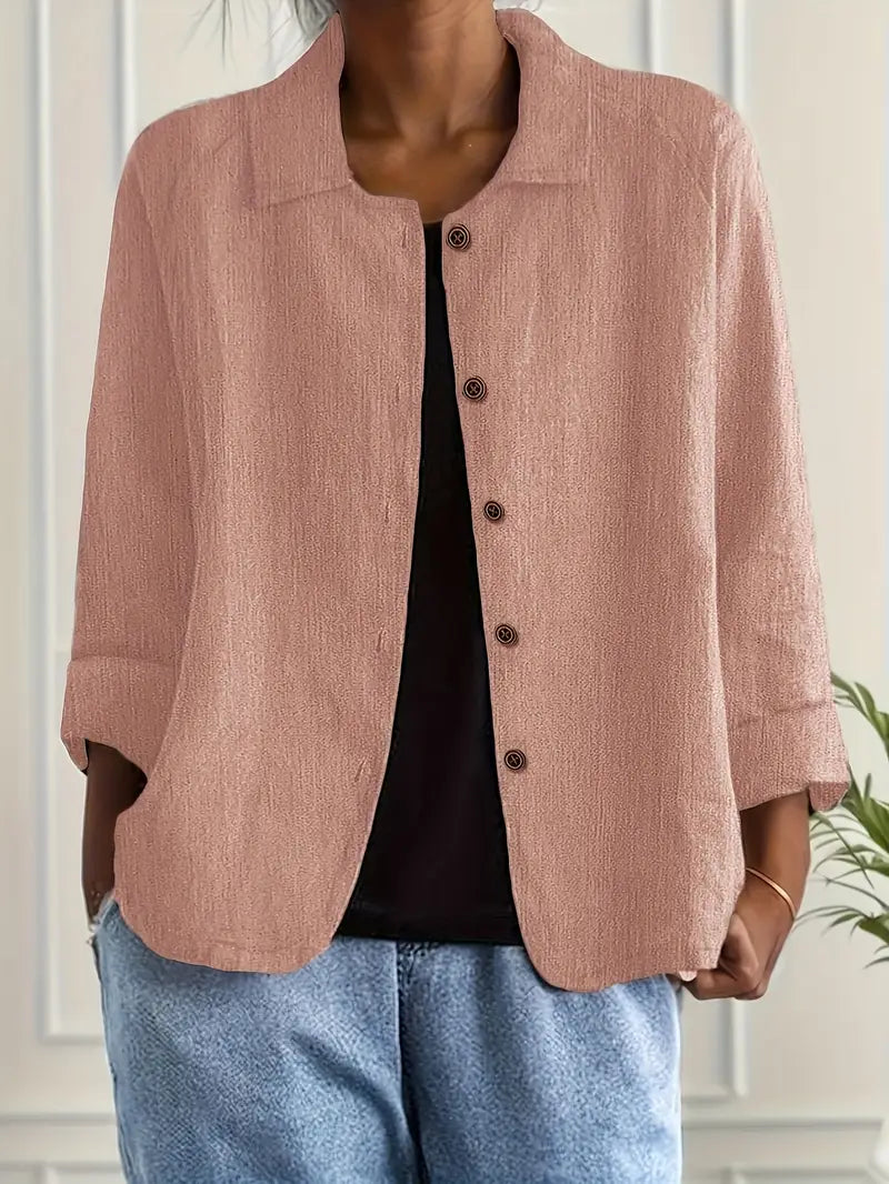 Women’s lightweight button-front jacket by Christine Brewer, Ella casual jacket in soft fabric, shown in natural outdoor setting.