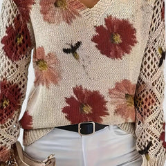 Whitney floral V-neck cardigan for women by Christine Brewer, featuring a colorful floral pattern and lightweight knit fabric.