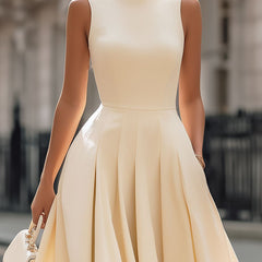 Cream sleeveless turtleneck pleated midi dress for women by Christine Brewer, featuring a fitted bodice and flowing skirt.
