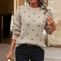 Shelby Christine Brewer women's polka dot sweater, model FB0680, featuring a cozy knit with black and white polka dot pattern.