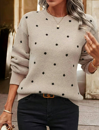 Shelby Christine Brewer women's polka dot sweater, model FB0680, featuring a cozy knit with black and white polka dot pattern.