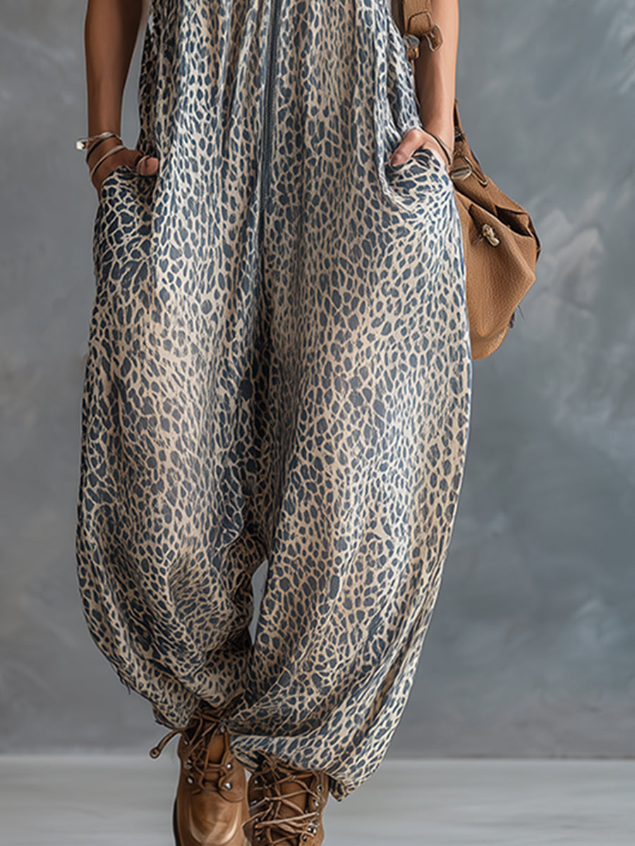 Women’s apricot leopard print chiffon hooded jumpsuit with stylish pants by Christine Brewer, featuring a relaxed fit and bold pattern.