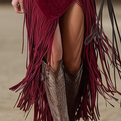 Red faux suede slit midi dress by Christine Brewer, casual dress with a stylish slit detail and smooth suede texture.