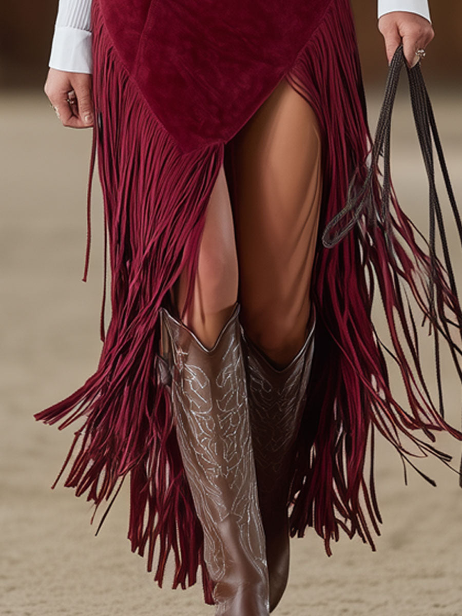 Red faux suede slit midi dress by Christine Brewer, casual dress with a stylish slit detail and smooth suede texture.