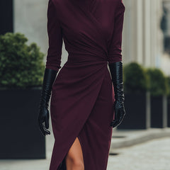 Deep burgundy Christine Brewer wrap midi dress with draped design, perfect for summer business occasions.