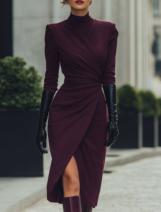 Deep burgundy Christine Brewer wrap midi dress with draped design, perfect for summer business occasions.
