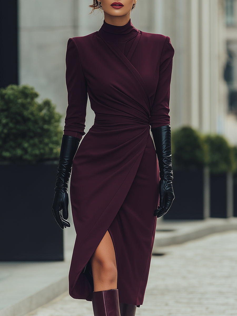 Deep burgundy Christine Brewer wrap midi dress with draped design, perfect for summer business occasions.