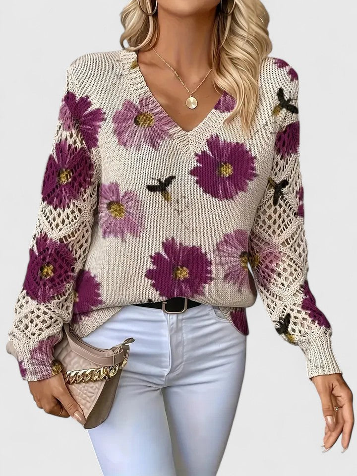 Christine Brewer Whitney floral V-neck cardigan for women, featuring colorful floral patterns and a comfortable V-neck design.