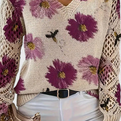 Floral V-neck cardigan for women by Christine Brewer, featuring a soft knit fabric with a colorful floral pattern.