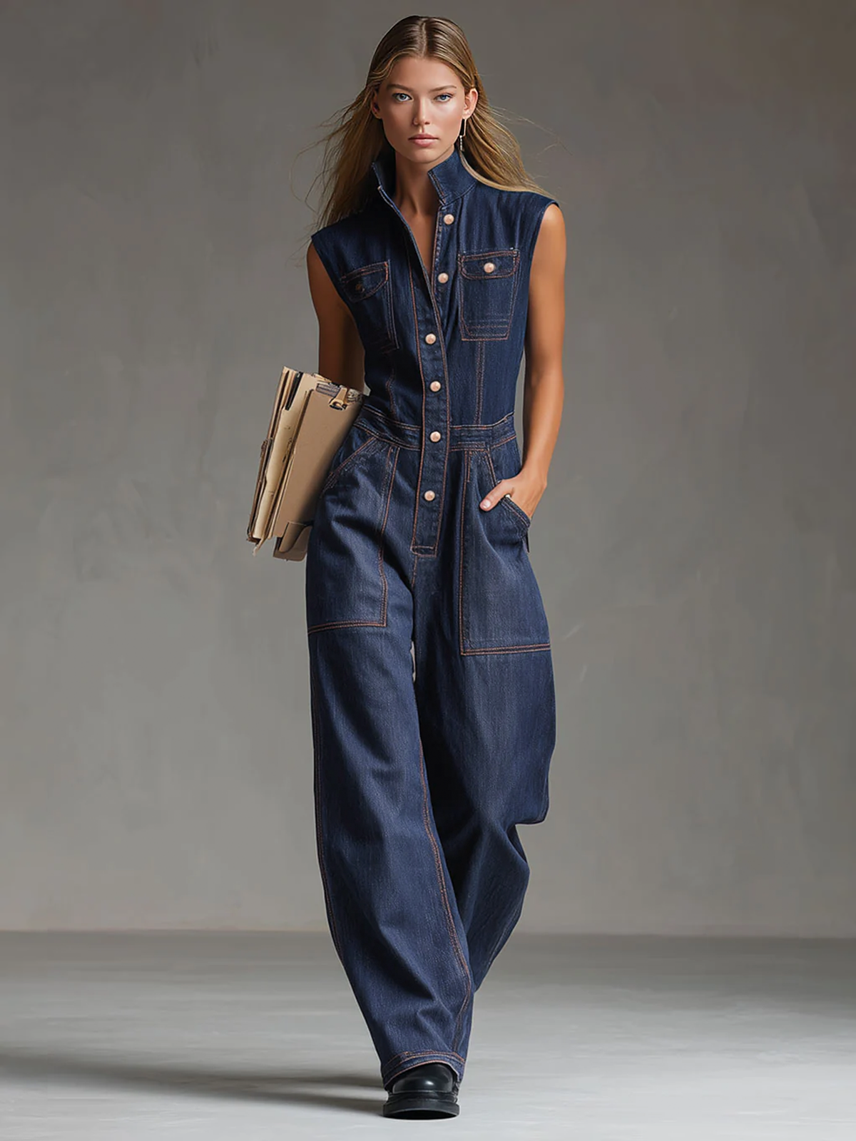 Dark blue denim women's sleeveless balloon jumpsuit with multi-pocket design, featuring a relaxed fit and casual style.