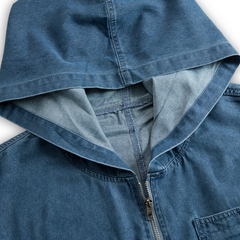 Women's casual loose retro denim jumpsuit with hood, zipper front, long sleeves, and pockets by Christine Brewer.