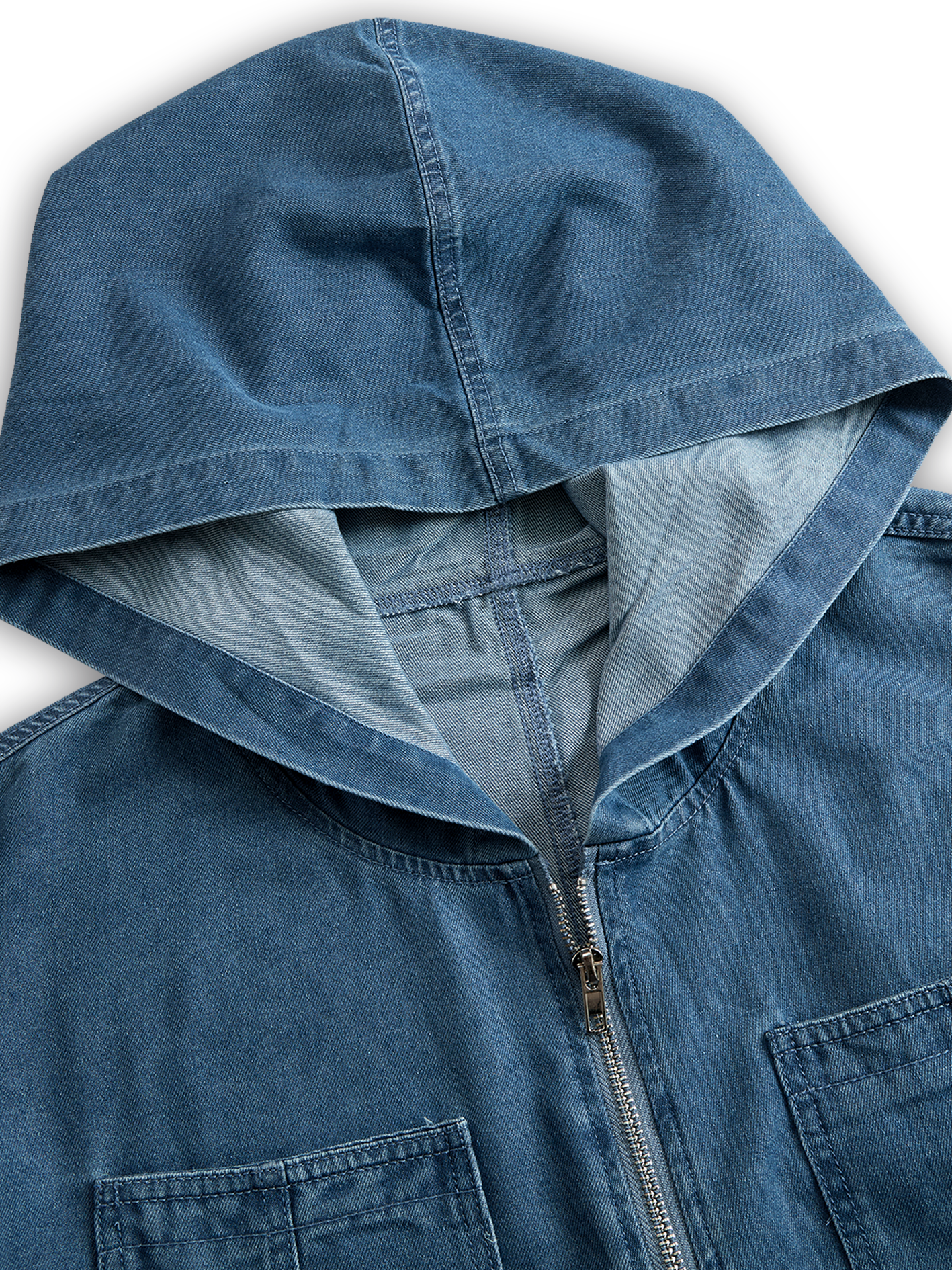 Women's casual loose retro denim jumpsuit with hood, zipper front, long sleeves, and pockets by Christine Brewer.