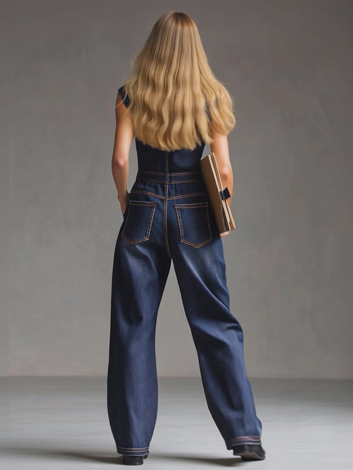 Dark blue denim multi-pocket sleeveless balloon jumpsuit for women by Christine Brewer, showing the relaxed fit and stylish design.