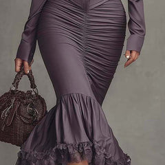 Dusty mauve lace ruched midi dress by Christine Brewer featuring elegant evening dress design with lace details and ruched fabric.