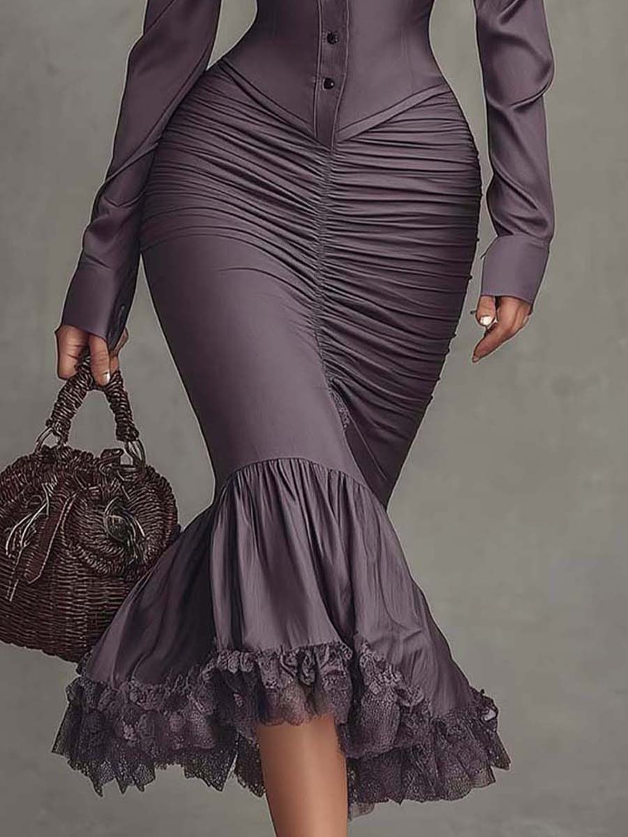 Dusty mauve lace ruched midi dress by Christine Brewer featuring elegant evening dress design with lace details and ruched fabric.