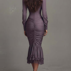 Dusty mauve lace ruched midi dress by Christine Brewer featuring elegant evening dress with lace detailing and a fitted silhouette.