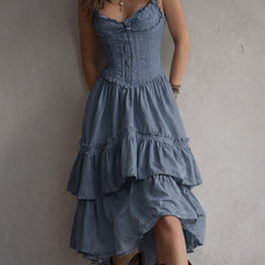 Christine Brewer retro boho corset tiered midi dress with lace trim, featuring a vintage-inspired design and flowing silhouette.