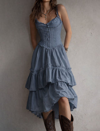 Christine Brewer retro boho corset tiered midi dress with lace trim, featuring a vintage-inspired design and flowing silhouette.