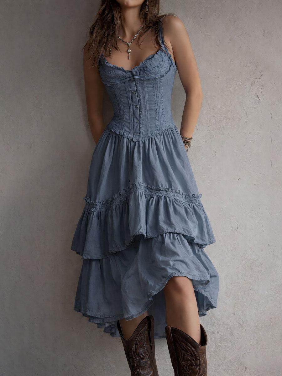 Christine Brewer retro boho corset tiered midi dress with lace trim, featuring a vintage-inspired design and flowing silhouette.
