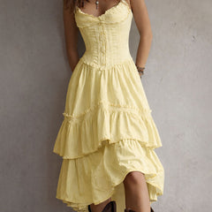 Retro Boho corset tiered midi dress with lace trim by Christine Brewer, featuring flowing fabric and vintage-inspired design.