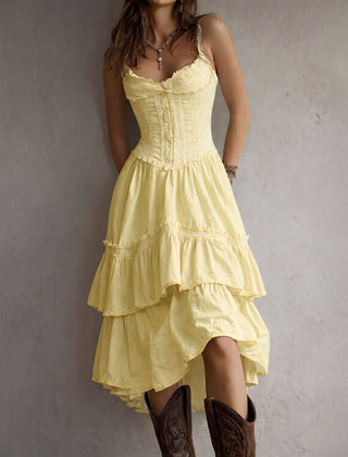 Retro Boho corset tiered midi dress with lace trim by Christine Brewer, featuring flowing fabric and vintage-inspired design.