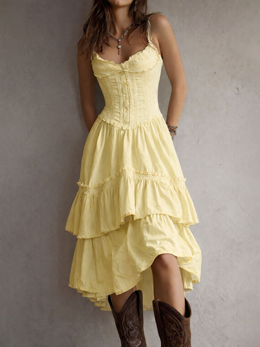 Retro Boho corset tiered midi dress with lace trim by Christine Brewer, featuring flowing fabric and vintage-inspired design.