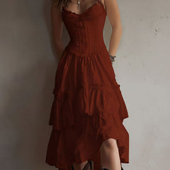 Retro Boho corset tiered midi dress with lace trim, featuring a flowy silhouette and vintage-inspired design by Christine Brewer.
