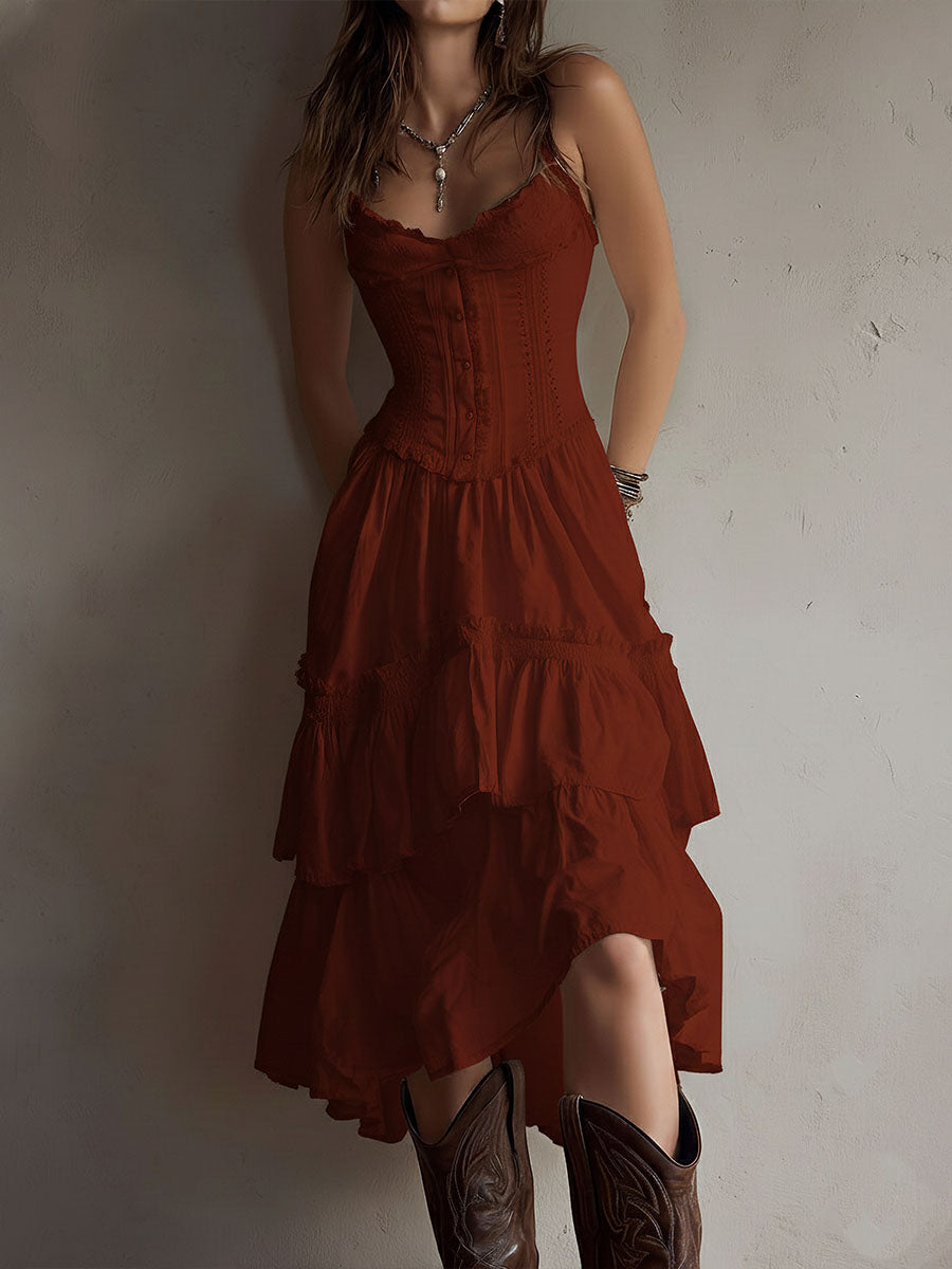 Retro Boho corset tiered midi dress with lace trim, featuring a flowy silhouette and vintage-inspired design by Christine Brewer.