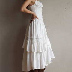 Retro Boho corset tiered midi dress with lace trim by Christine Brewer, featuring a flowing silhouette and vintage-inspired design.