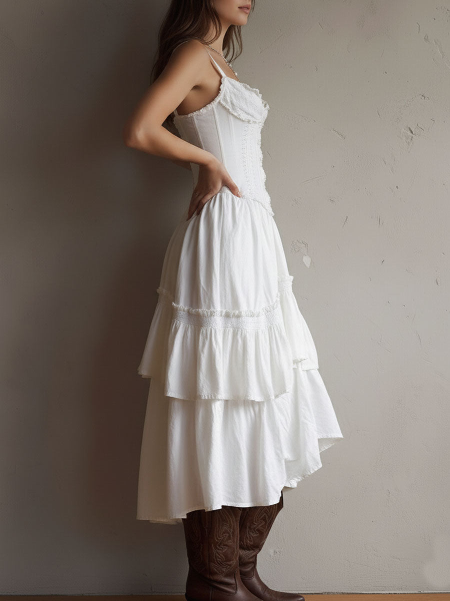 Retro Boho corset tiered midi dress with lace trim by Christine Brewer, featuring a flowing silhouette and vintage-inspired design.