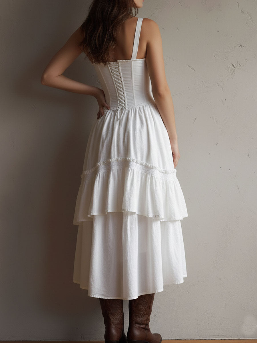Retro Boho corset tiered midi dress with lace trim, featuring a flowy silhouette and vintage-inspired design by Christine Brewer.