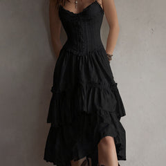 Christine Brewer retro boho corset tiered midi dress with lace trim, featuring a vintage-inspired silhouette and layered fabric design.